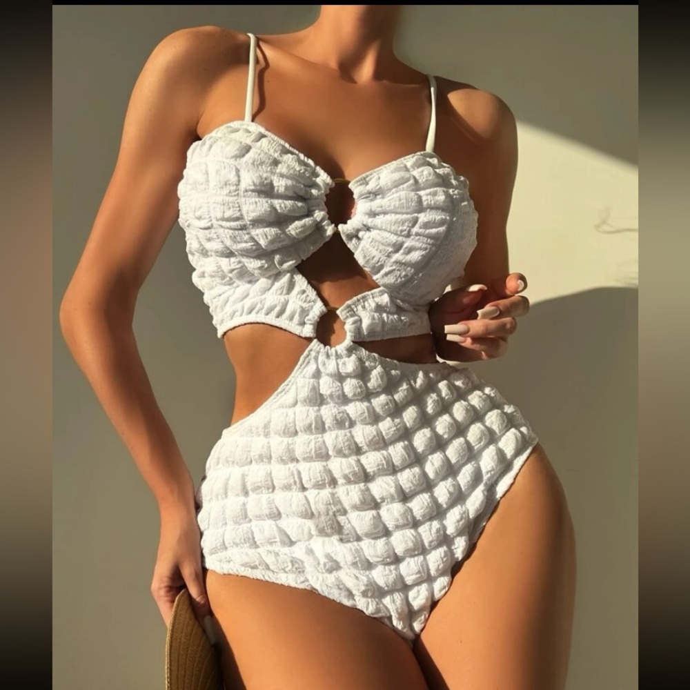 White Textured Cutout Swimsuit